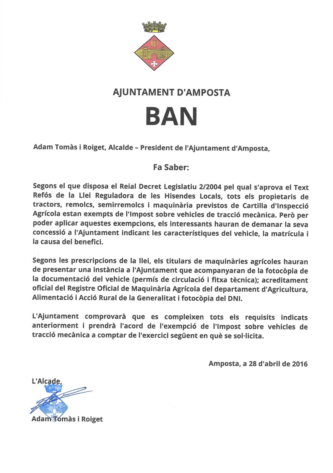 Ajuntament d´Amposta > Informació Oficial > BAN: Exempció de l’impost de circulació en els vehicles agrícoles